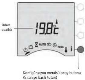 Orlam scaldigi 19,8°C AUTO PROG Konfigürasyon menüsü onay buttonu (5 saniye basili tutun)