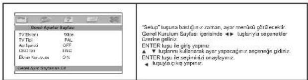 Genui Ayaları Ruplasi TV Elcari TV Tcl Aci Farad CSU DB Elkar Karayat Genui Ayar Saylaran DB "Setupa" lupuna bastığınız zaman, ayar merinisi納 gürilecekir. Genel Kurulum Saylasi içerisinde ▶ luplanyla serpeneleler üzlerine geliniz ENTER lupu ile giliye yapınız. ▲ ▼ luplanın kullanıarak ayar yapacajınız seçeneğe geliniz. ENTER lupu ile seçinlini izonlayınız. ◀ lupuyla çıkış yapınız.