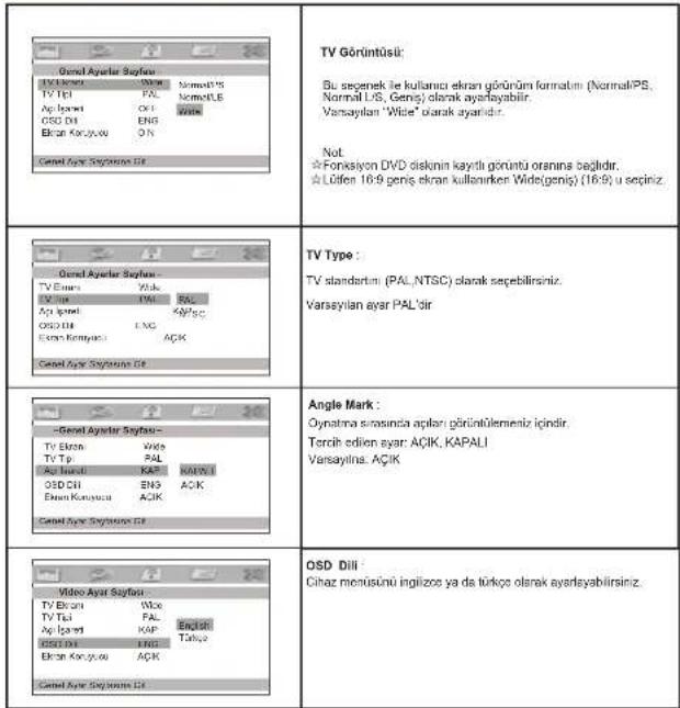 TV Görüntüslı: Bu seçenek ile kullanıcı ekran görünüm formatını (NormalPS, Normal L/S, Geniş) olarak ayarlayabilir. Varsayılan "Wide" olarak ayarıdır. Not ★Forxsyon DVD diskinin kayıtlı görüntü oranına değildir. ★Lüfen 16:9 geniş ekran kullanırken Wide(geniş) (16:9) u seçiniz. TV Type : TV standartını (PAL, NTSC) olarak sepebilirsiniz. Varsayılan ayar PAL'dir Angle Mark : Oynatma sırasında aptlar görünülementiniz içindir. Tercih edilen ayar. AÇIK, KAPALİ Varsayılna. AÇIK OSD Dili : Cihaz menüsünü ingilizoe ya da türkçe olarak ayarlayabilirsinz.