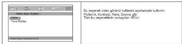 Video Ayar Sefası Kelle Dara Kalles Video Ayar Sefası 01 Bu seçenek video görünili kalilesini ayarlamada kullanılır. Pertakil, Kontrasl, Renk, Doyma gibi. Tumi bu seçeneklerin varsayılar 00 bir.