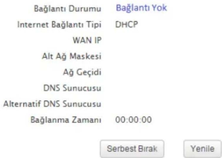 Bağlantı Durumu Internet Bağlantı Tipi WAN IP Alt Ağ Maskesi Ağ Geçidi DNS Sunucusu Alternatif DNS Sunucusu Bağlanma Zamanı 00:00:00 Serbest Birak Yenile