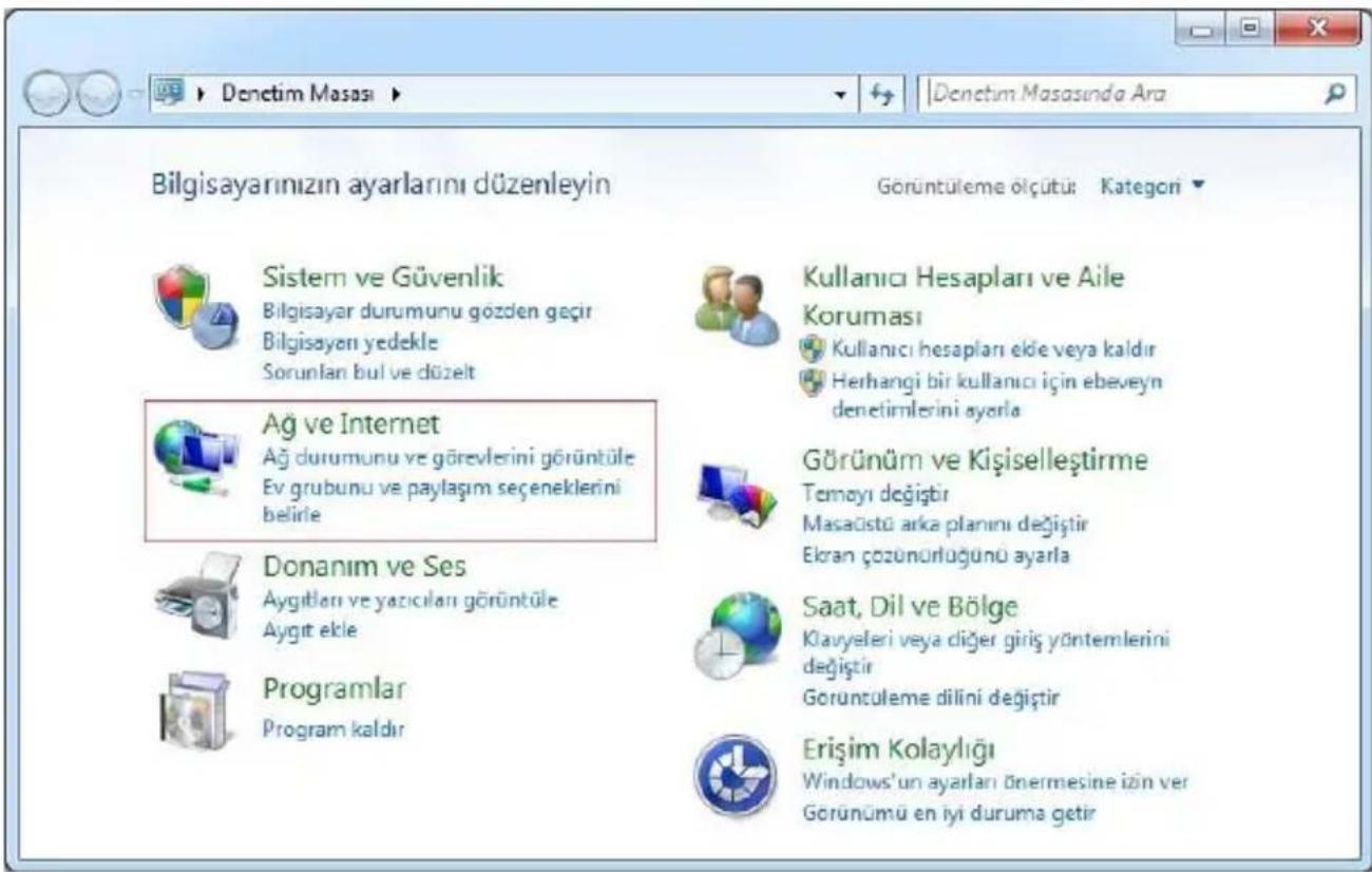 Denetim Masası ▶ Bilgisayarinizin ayarlarını düzenleyin Sistem ve Güvenlik Bilgisayar durumunu gözden geçir Bilgisayan yedekle Sorunlan bul ve düzelt Ağ ve Internet Ağ durumunu ve görevlerini görüntüle Ev grubunu ve paylaşım seçeneklerini belirle Donanım ve Ses Aygıtları ve yazıları görüntüle Aygıt ekle Programlar Program kaldır Goruntüleme ölçütür Kategori ▼ Kullanıcı Hesapları ve Aile Koruması Kullanıcı hesapları elde veya kaldır Herhangi bir kullanıcı için ebeveyn denetimlerini ayarla Görünüm ve Kişiselleştirme Temayı değiştir Masaüstü arka planını değiştir Ekran çözünürlüğünü ayarla Saat, Dil ve Bölge Klavyeleri veya diğer giriş yöntemlerini değiştir Gorunculeme dilini değiştir Erişim Kolaylığı Windows'un ayarları önermesine izin ver Görünümü en iyi duruma getir