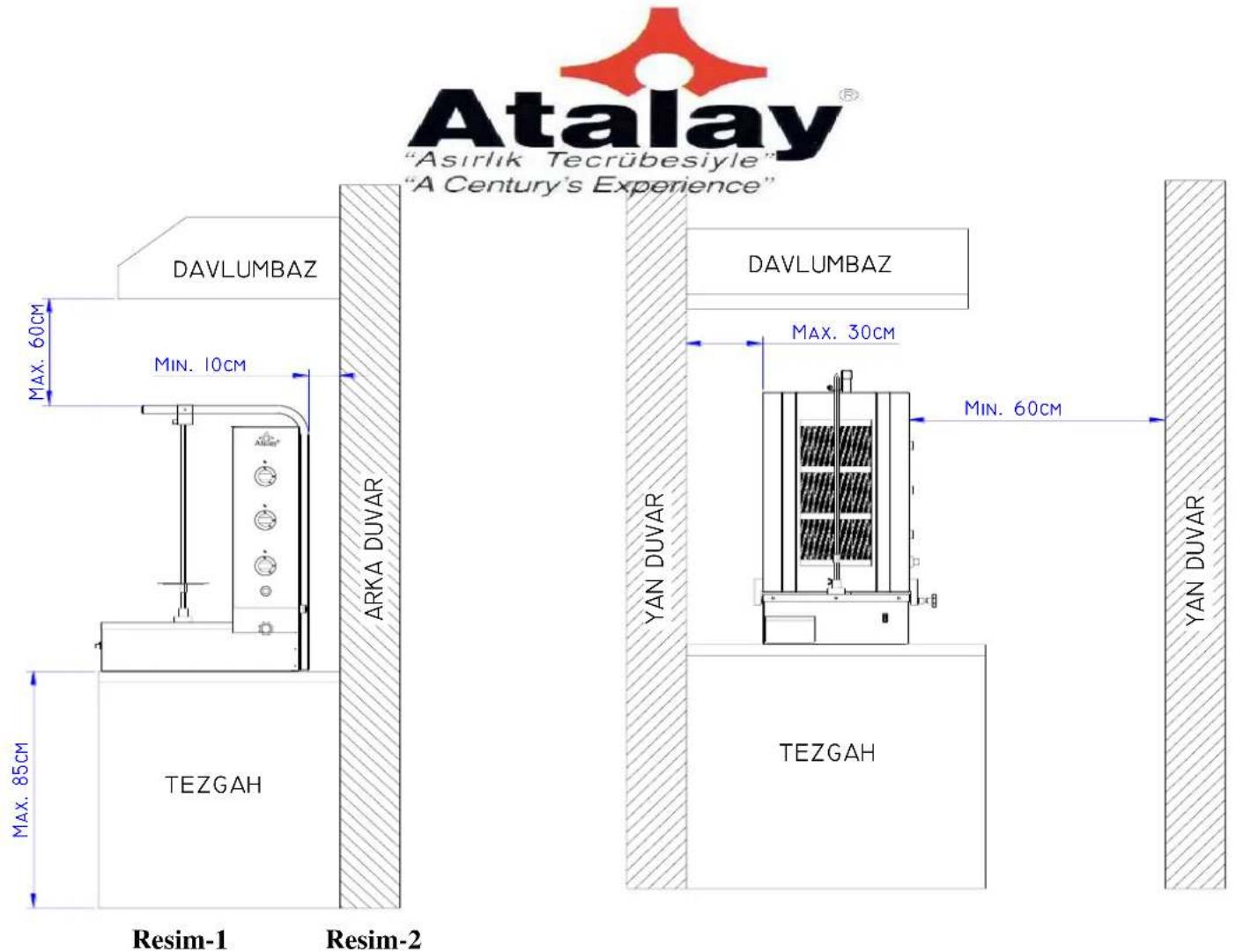Atalay® "Asirlik Tecrübesiyle" "A Century's Experience" DAVLUMBAZ MAX. 60cm MIN. 10cm ARKA DUVAR TEZGAH Resim-1 Resim-2 DAVLUMBAZ MAX. 30cm MIN. 60cm YAN DUVAR TEZGAH YAN DUVAR MAX. 85cm