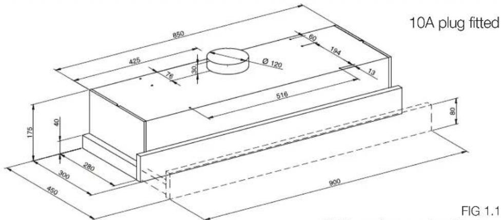 850 425 76 30 Ø 120 60 194 13 516 175 40 300 280 450 900 FIG 1.1 10A plug fitted