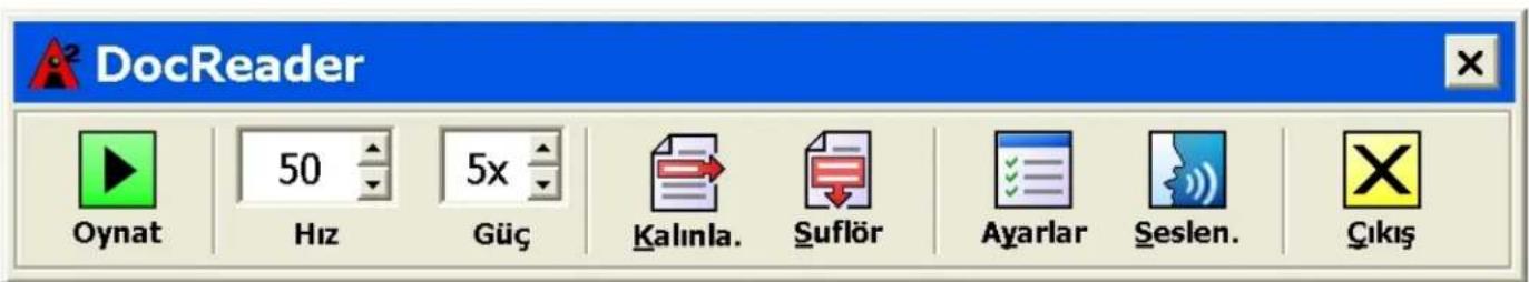 DocReader Oynat 50 Hiz 5x Güç Kalınlal. Suflör Ayarlar Seslen. Çıkış