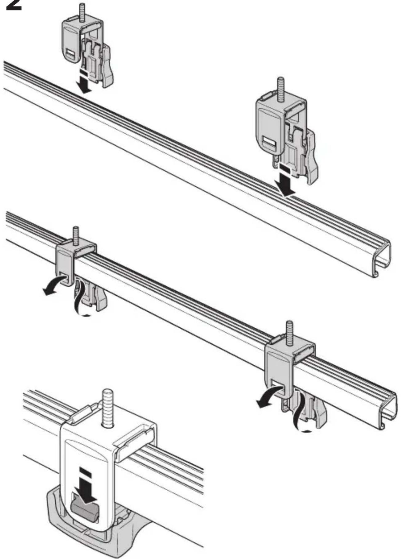 Technical diagram showing three-step assembly of a mechanical bracket with directional arrows indicating motion or movement.