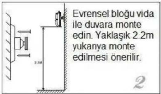 Evrensel bloğu vida ile duvara monte edin. Yaklaşık 2.2m yukarıya monte edilmesi önerilir.