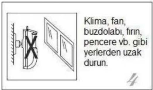 Klima, fan, buzdolabi, firin, pencere vb. gibi yerlerden uzak durun.