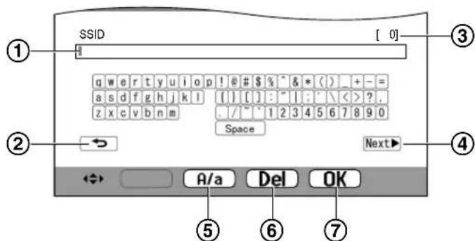 SSID [ 0] q w e r t y u i o p ! @ # $ % ^ & * ( ) + - = a s d f g h j k l | | | : " | : \ < > ? z x c v b n m / / ~ 1 2 3 4 5 6 7 8 9 0 Space Next▶ ① ② ③ ④ A/a Del OK ⑤ ⑥ ⑦
