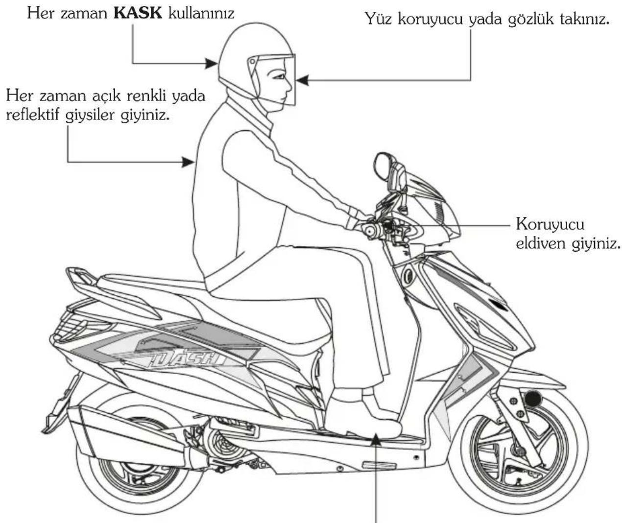 Her zaman KASK kullanım Yüz koruyucu yada gözlük takınız. Her zaman açık renkli yada reflektif giysiler giyiniz. Koruyucu eldiven giyiniz.