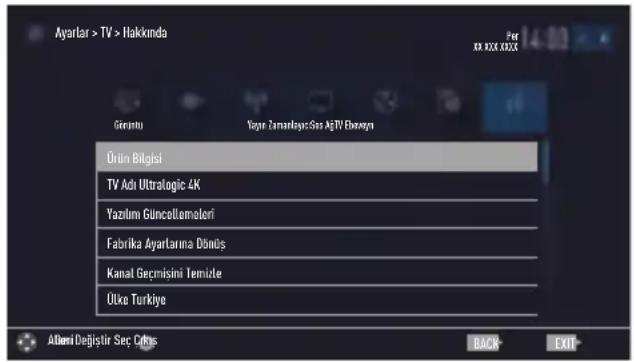 Ayarlar > TV > Hakkında Girantu Yogre Zumartaya: Sis AgTV Ebnaya Orün Bilgisi TV Adı Ultralogic 4K Yazılım Güncellemeleri Fabrika Ayarlarına Dönüş Kanal Geçmisini Temizle Ülke Türkiye ADemi Değistir Seç Çıfıks BACK EXIT
