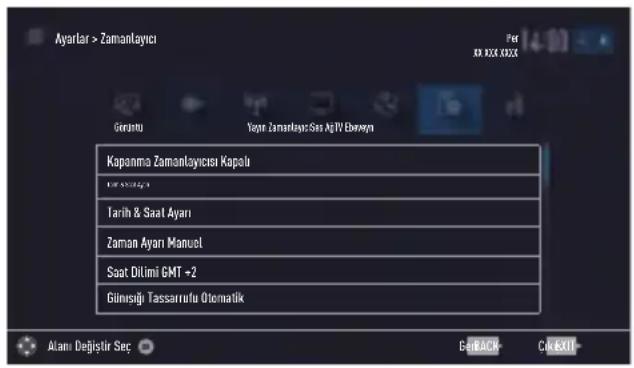 Ayarlar > Zamanlayıcı Per 80.826.8325 Gerentu Yapir Zamanlayıcı Sesi AgIV Ebençen Kapanma Zamanlayıcısi Kapolu LIF 400/2017 Tarih & Saat Ayarı Zaman Ayarı Manuel Saat Dilimi GMT +2 Güneşigi Tassarrufu Otomatik Alanı Değistir Seç GetBACK C:\MAXI