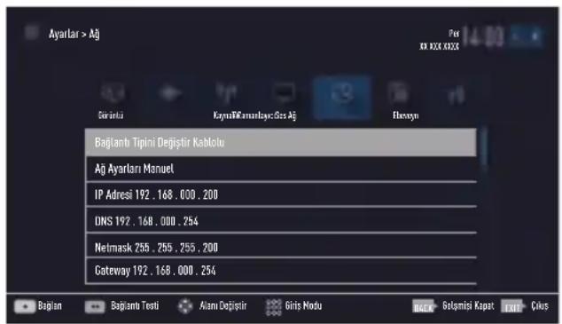 Ayarlar > Aj Gärinlu KaynikiTM emanlayce: 35s Aj Fluxeyn Baglantı Tipini Değişir Kabolu Aj Ayarları Manuel IP Adresi 192 . 168 . 000 . 200 DNS 192 . 168 . 000 . 254 Netmask 255 . 255 . 255 . 200 Gateway 192 . 168 . 000 . 254 Bagian Baglantı Testi Alamı Değişir Giris Modu BACX Belgmieli Kapat EXXI Cilus