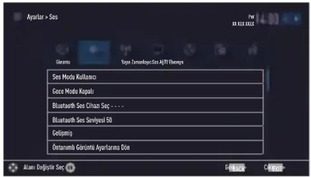 Ayarlar > Ses Girantu Yogre Zarantayas: Ses AjTV Burzegni Ses Modu Kultamci Gece Modu Kapalı Bluetooth Ses Cihazı Səç - - - Bluetooth Ses Seviyesi 50 Cetişmiş Öntanımlı Görüntü Ayartarına Dün