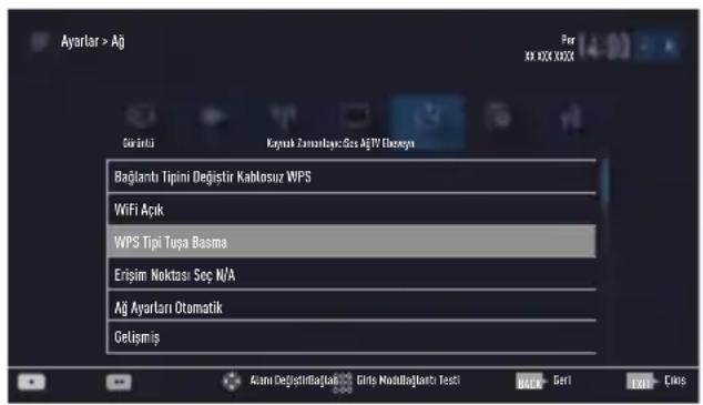 Ayartar > Aj For xx XXX XXXX Särktril Kaynak Zumandaya: Sos AjTV Dasoglu Bağlantı Tipini Değistir Kablosuz WPS WiFi Açık WPS Tipi Tuşa Basma Erişim Noktası Seç K/A Ağ Ayartarı Otomatik Gelişmiş