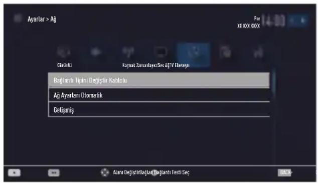 Ayarlar > Aj Görintü Kaynak ZamanlayoSes AjTV Übeneyn Bağlantı Tipimi Değişir Kablolu Ağ Ayarları Otomatik Celişmiş