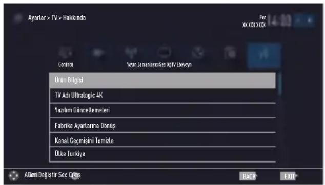 Ayartar > TV > Hakkindo For XX XXX XXXX Gerinci Yapir Zarnarlasic Sasa AGW Laxenyi Orün Bilgisi TV Adı Ultratogic 4K Yazılım Giincellemeleri Fabrika Ayartarına Dönüş Kanal Geçmişini Tomizlo Olke Turkiye A0001 Doğistir Seç Ofkis BACK EXIT