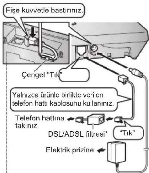 Fişe kuvvetle bastırınız. Çengel "Tık" Yalnızca ürünle birlikte verilen telefon hattı kablosunu kullanınız. Telefon hattına takınız. DSL/ADSL filtresi* "Tık" Elektrik prizine