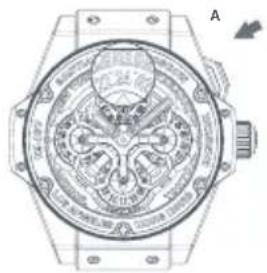 Technical diagram of a mechanical watch with engraved text and section view A-A