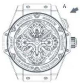 Technical diagram of a wristwatch with engraved circular design and mechanical components, labeled with 'A' and directional arrow.