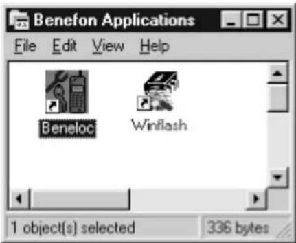 Benefon Applications File Edit View Help Beneloc Winflash 1 object(s) selected 336 bytes