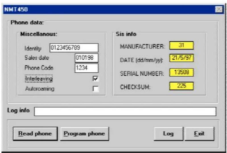 NMT450 Phone data: Miscellaneous: Identity 0123456789 Sales date 010198 Phone Code 1234 Interleaving ✓ Autoroaming ✓ Sis info MANUFACTURER: 31 DATE (dd/mm/yy): 21/5/97 SERIAL NUMBER: 13508 CHECKSUM: 225 Log info Read phone Program phone Log Exit