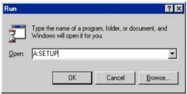 Run Type the name of a program, folder, or document, and Windows will open it for you. Open: A:SETUP OK Cancel Browse...