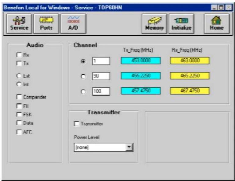 Benefon Local for Windows - Service - TDP60HN Service Ports A/D Memory Initialize Home Audio Channel Tx_Freq (MHz) Rx_Freq (MHz) ● 1 453.0000 463.0000 ○ 9U 455.2250 465.2250 ○ 180 457.4750 467.4750 Transmitter □ Transmitter Power Level {none}