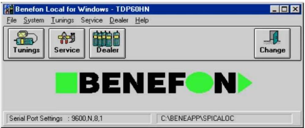 Benefon Local for Windows - TDP60HN File System Tunings Service Dealer Help Tunings Service Dealer Change BENEFON Serial Port Settings : 9600,N,8,1 C:\BENEAPP\SPICALOC