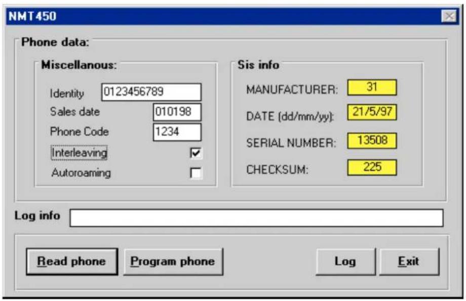 NMT450 Phone data: Miscellaneous: Identity 0123456789 Sales date 010198 Phone Code 1234 Interleaving ✓ Autoroaming ✓ Sis info MANUFACTURER: 31 DATE (dd/mm/yy): 21/5/97 SERIAL NUMBER: 13508 CHECKSUM: 225 Log info Read phone Program phone Log Exit