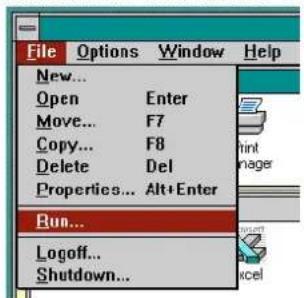 File Options Window Help New... Open Enter Move... F7 Copy... F8 Delete Del Properties... Alt+Enter Run... Logoff... Shutdown...