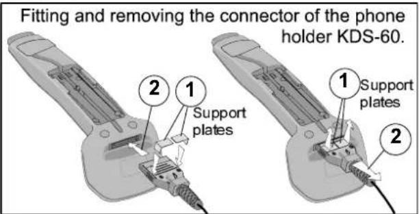 Fitting and removing the connector of the phone holder KDS-60. 1 Support plates 2 1 Support plates 2