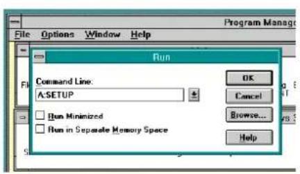 File Options Window Help Program Manage Run Command Line: A:SETUP OK Cancel Browse... Help