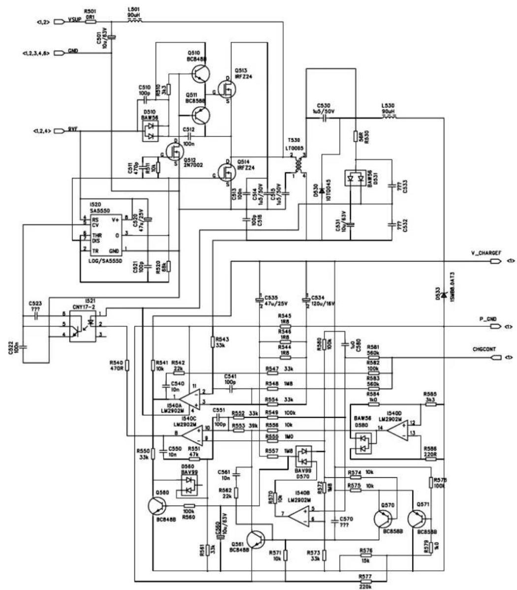 VSUP R501 L801 0R1 90uH C501 10u/63V GND RVT C510 BC84B Q510 100p D510 BAW36 C512 100n G S Q512 2N7002 Q513 RFZ24 T530 LT0005 2 C513 100n C514 1u/50V C515 1u/50V C516 1u/50V C517 1u/50V C530 1u3/50V L530 90uH 5uR R530 I520 SA5550 V+ RS CV C520 THR 0 DS 47u/25V TR GND 3 LOG/SA5550 C521 100p R520 68R C523 ??? I521 CNY17-2 1 5 2 4 3 R540 470R R543 33k R544 1RB R546 1RB R544 1RB R547 33k R548 1MB R554 33k R549 100k R552 33k R553 39k R556 10k R556 1M0 R557 1MB D570 Q560 BAY99 Q561 10n R562 22k Q561 10k BCB48B 100k R560 R561 33k R571 10k R573 33k R576 15k R577 220k T530 LT0005 2 D530 NTOU43 C531 1u/63V C532 C533 C534 120u/16V D533 ISMB8.0A73 P_GND CHGCONT