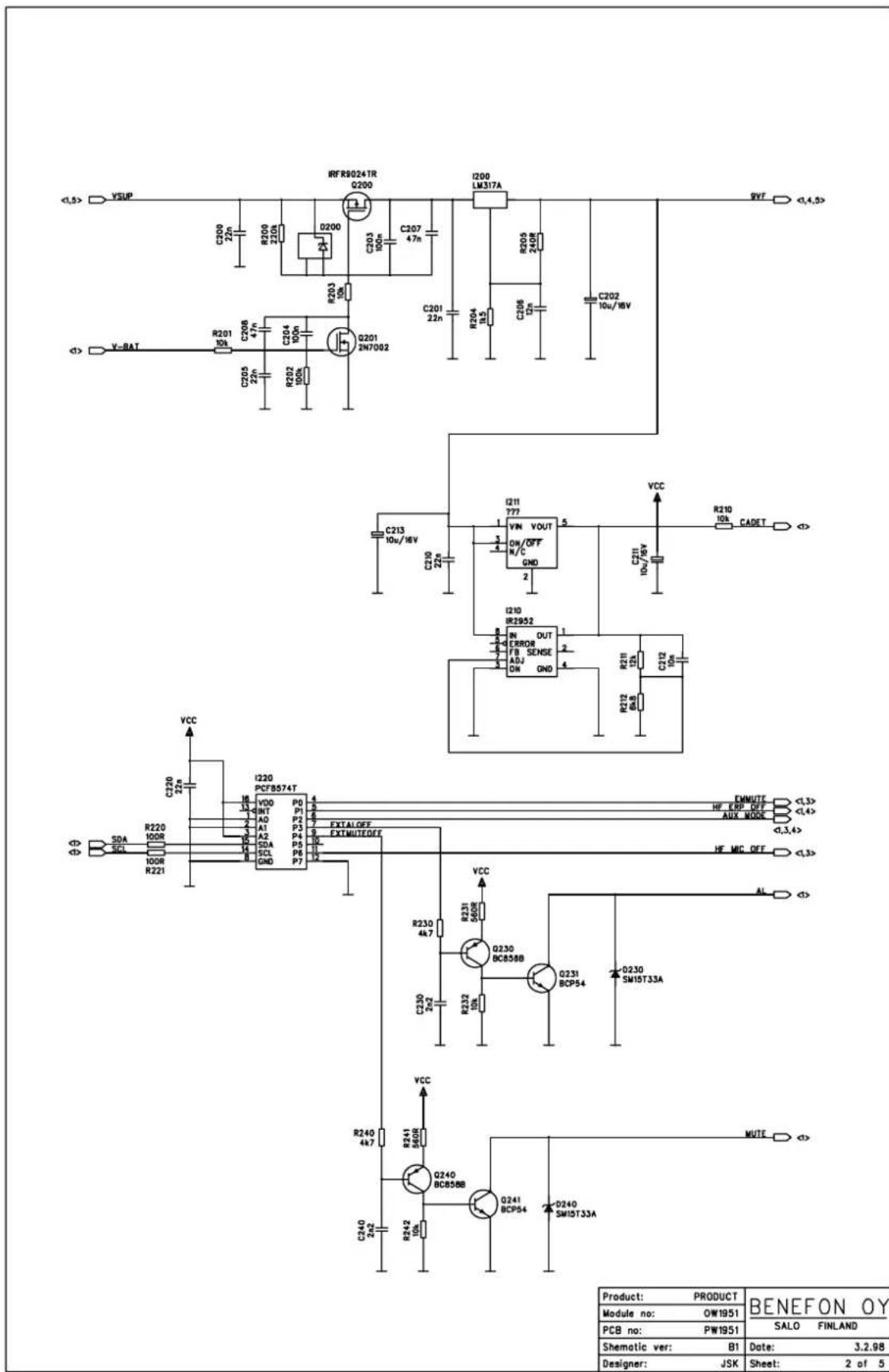 VSUP C200 22n R200 210Ω D200 10Ω C203 100n C207 4.7n R203 10k Q201 ZN7002 IRFR9024TR C200 C205 22n C206 4.7n C208 100n C213 10u/16V C210 22n I200 LM317A R200 210Ω C201 22n R204 3.5 C208 1Ω C202 10u/16V GVT V-RAT R201 10k C208 4.7n C214 100n R202 100n Q201 ZN7002 VCC C213 10u/16V C210 22n I211 ???? VIN VOUT ON/OFF N/C GND 5 VCC R210 1ΩL CADET C211 10u/16V I210 IR2952 IN OUT ERROR FB SENSE ADJ DN GND 1 2 4 R211 3ΩL C212 1ΩL R212 6ΩB VCC C220 22n I220 PCF8574T VDD P0 4 WNT P1 5 A0 P2 6 A1 P3 7 A2 P4 8 SCL P5 9 SCL P6 10 GND P7 11 EXTALOFF 12 EXTMUTEOFF 13 EMMUTC HE ERP OFF AUX MODE HE MIC OFF R220 10ΩR SDA 4ΩR R221 5ΩR 6ΩR 7ΩR 8ΩR 9ΩR 10ΩR 11ΩR 12ΩR 13ΩR 14ΩR 15ΩR 16ΩR 17ΩR 18ΩR 19ΩR 20ΩR 21ΩR 22ΩR 23ΩR 24ΩR 25ΩR 26ΩR 27ΩR 28ΩR 29ΩR 30ΩR 31ΩR 32ΩR 33ΩR 34ΩR 35ΩR 36ΩR 37ΩR 38ΩR 39ΩR 40ΩR 41ΩR 42ΩR 43ΩR 44ΩR 45ΩR 46ΩR 47ΩR 48ΩR 49ΩR 50ΩR 51ΩR 52ΩR 53ΩR 54ΩR 55ΩR 56ΩR 57ΩR 58ΩR 59ΩR 60ΩR 61ΩR 62ΩR 63ΩR 64ΩR 65ΩR 66ΩR 67ΩR 68ΩR 69ΩR 70ΩR 71ΩR 72ΩR 73ΩR 74ΩR 75ΩR 76ΩR 77ΩR 78ΩR 79ΩR 80ΩR 81ΩR 82ΩR 83ΩR 84ΩR 85ΩR 86ΩR 87ΩR 88ΩR 89ΩR 90ΩR 91ΩR 92ΩR 93ΩR 94ΩR 95ΩR 96ΩR 97ΩR 98ΩR 99ΩR MUTE VCC R230 4k7 R231 560Hz Q230 BC858B Q231 BCP54 Q230 SM15T33A AL VCC R240 4k7 R241 S460K Q240 BCB58B Q241 BCP54 Q240 SM15T33A MUTE VCC R240 S4k7 R241 S460K Q240 BCB58B Q241 BCP54 Q240 SM15T33A MUTE VCC R240 S4k7 R241 S460K Q240 BCB58B Q241 BCP54 Q240 SM15T33A MUTE VCC R240 S4r7 R241 S460K Q240 BCB58B Q241 BCP54 Q240 SM15T33A MUTE VCC R240 S4r7 R241 S460K Q240 BCB58B Q241 BCP54 Q240 SM15T33A MUTE VCC R240 S4r7 A L VCC R240 S4r7 A L VCC R240 S4r7 A L VCC R240 S4r7 A L VCC R240 S4r7 A L VCC R240 S4r7 A L VCC R240 S4r7 A L VCC R240 S4r7 A L VCC R240 S4r7 A L VCC R'Q'Q'Q'Q'Q'Q'Q'Q'Q'Q'Q'Q'Q'Q'Q'Q'Q'Q'Q'Q'Q'Q'Q'Q'Q'Q'Q'Q'Q'Q'Q'Q'Q'Q'Q'Q'Q' Product: PRODUCT BENEFON OY Module no: OW1951 SALO FINLAND PCB no: PW1951 Shematic ver: B1 Date: 3.2.98 Designer: JSK Sheet: 2 of 5