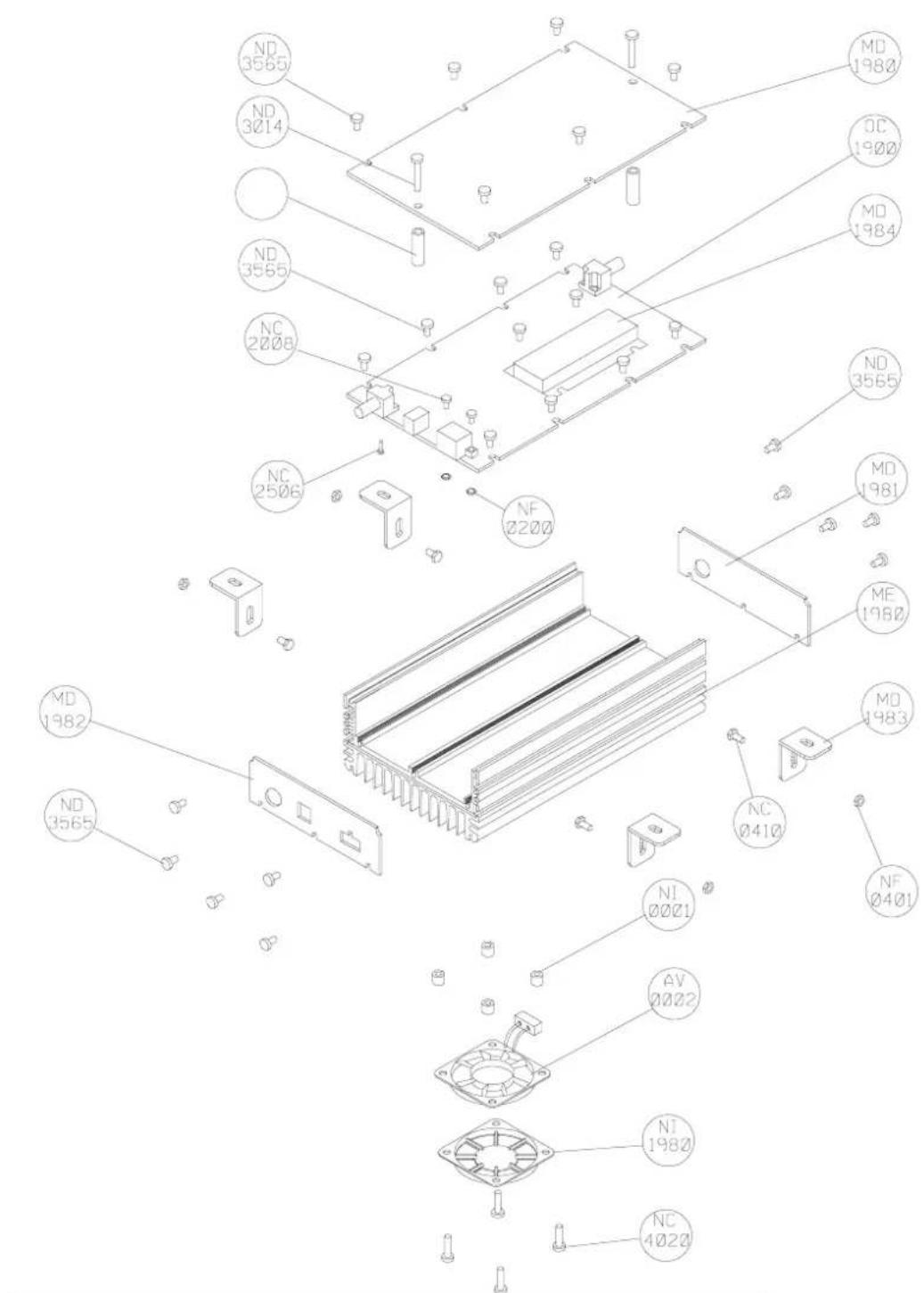 Exploded view diagram of an electronic device with labeled components such as MD, NC, and NVs