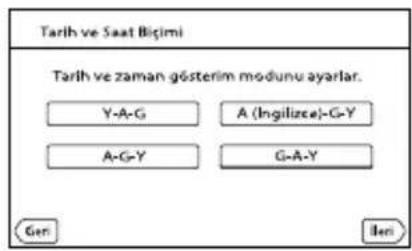 Tarih ve Saat Bigimi Tarih ve zaman gösterim modunu ayarlar. Y-A-G A (Ingilizcel)-G-Y A-G-Y G-A-Y Gen Ieri