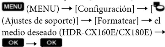 MENU (MENU) → [Configuración] → [Ajustes de soporte)] → [Formatear] → el medio deseado (HDR-CX160E/CX180E) → OK → OK