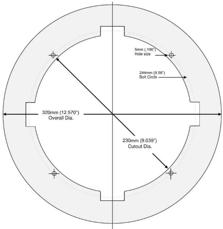 5mm (.196") Hole size 244mm (9.58") Bolt Circle 320mm (12.570") Overall Dia. 230mm (9.039") Cutout Dia.