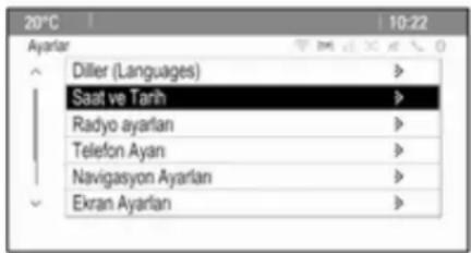 20°C Ayarlar Diller (Languages) Saat ve Tarih Radyo ayarlan Telefon Ayan Navigasyon Ayarlan Ekran Ayarlan 10:22