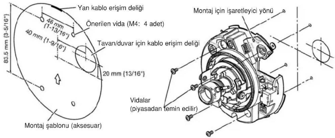 Yan kablo erişim deligi Önerilen vida (M4: 4 adet) 46 mm {1-13/16"} 40 mm {1-9/16"} 20 mm {13/16"} Montaj için işaretleyici yönü Tavan/duvar için kablo erişim deligi Vidalar (piyasadan temin edilir) Montaj şablonu (aksesuar)