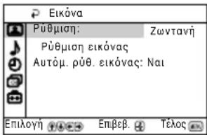 Εικόνα Ρύθμιση: Zwvtavή Ρύθμιση εικόνας Αυτόμ. ρύθ. εικόνας: Nai Επιλογή Επβεβ. Τέλος