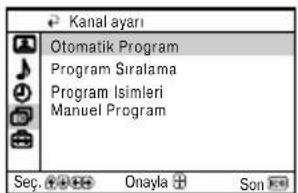 Kanal ayari Otomatik Program Program Siralama Program Isimleri Manuel Program Sec. Onayla Son