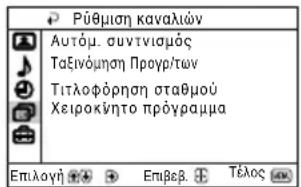 Ρύθμιση καναλιών Αυτόμ. συντισμός Ταξινόμηση Προγρ/των Τιτλοφόρηση σταθμού Χειροκήτο πρόγραμμα Επιλογή Επιβεβ. Τέλος