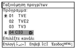 Ταξινόμηση προγρ/των Πρόγραμμα: 01 TVE 02 TVE2 03 TV3 04 C33 Επιλέξτε κανάλι Επιλογή [←+] Επιβεβ. [=] Έεοδος[MENU]