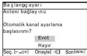 Ba şlangç ayarı Anteni bağlayınız Otomatik kanal ayarlama başlasınkı? Evet Hayır Sec. [- ∠+] Onaylaı - Son [MENU]