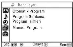 Kanal ayari Otomatik Program Program Siralama Program Isimleri Manuel Program Sec. Onayla Son