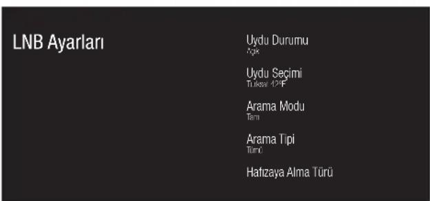 LNB Ayarlari Uydu Durumu Ayk Uydu Seçimi Ti.Kosir İŞİF Arama Modu Tirmi Arama Tipi Tümlı Haftzaya Alma Türü