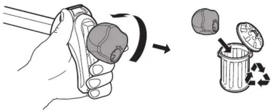 Diagram illustrating a hand turning a button into a trash bin with recycling symbol, showing the process from left to right.