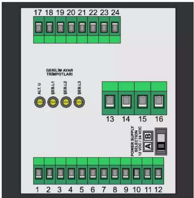 17 18 19 20 21 22 23 24 GERİLİM AYAR TRİMPOTLARI ALT U EBL1EBL2 $EBL3 13 14 15 16 POWER SUPPLY SELECTION 12 VDC / 24 VDC A B 1 2 3 4 5 6 7 8 9 10 11 12